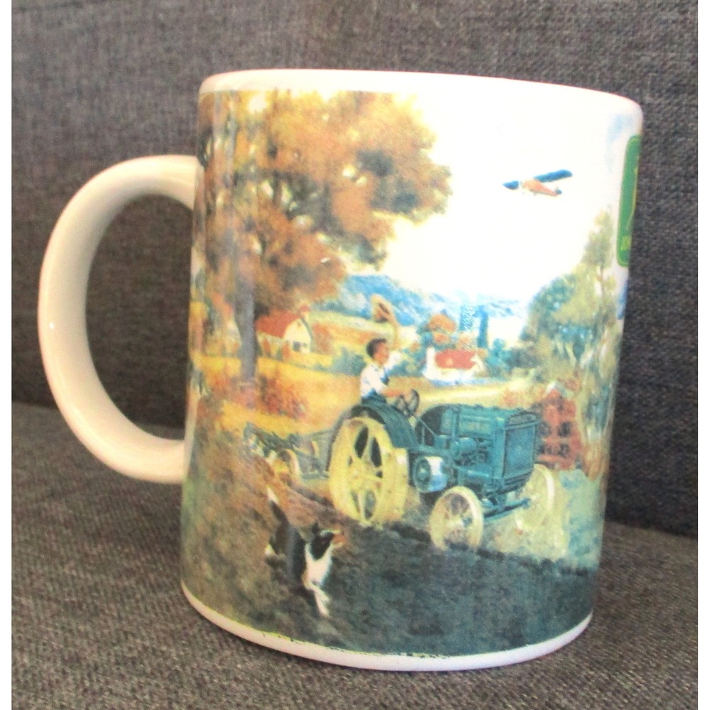John Deere Gibson Ceramic Coffee Mug Farm Scene Blue Tractor Biplane Dog White